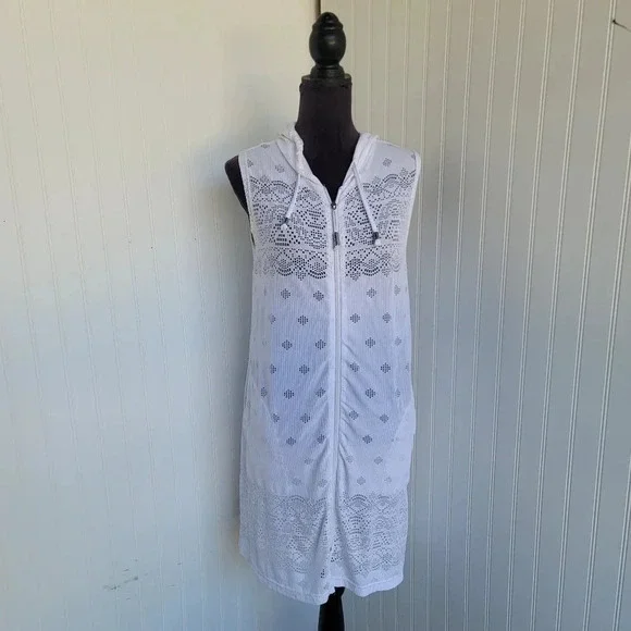 DOTTI Swim Cover Up Crochet Full Zip Up Hoodie White Lace $56 Sz Small S - Picture 1 of 12